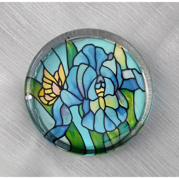 Joan Baker Designs Other - Joan Baker Designs Blue Iris Butterfly Handpainted Stained Glass Paperweight